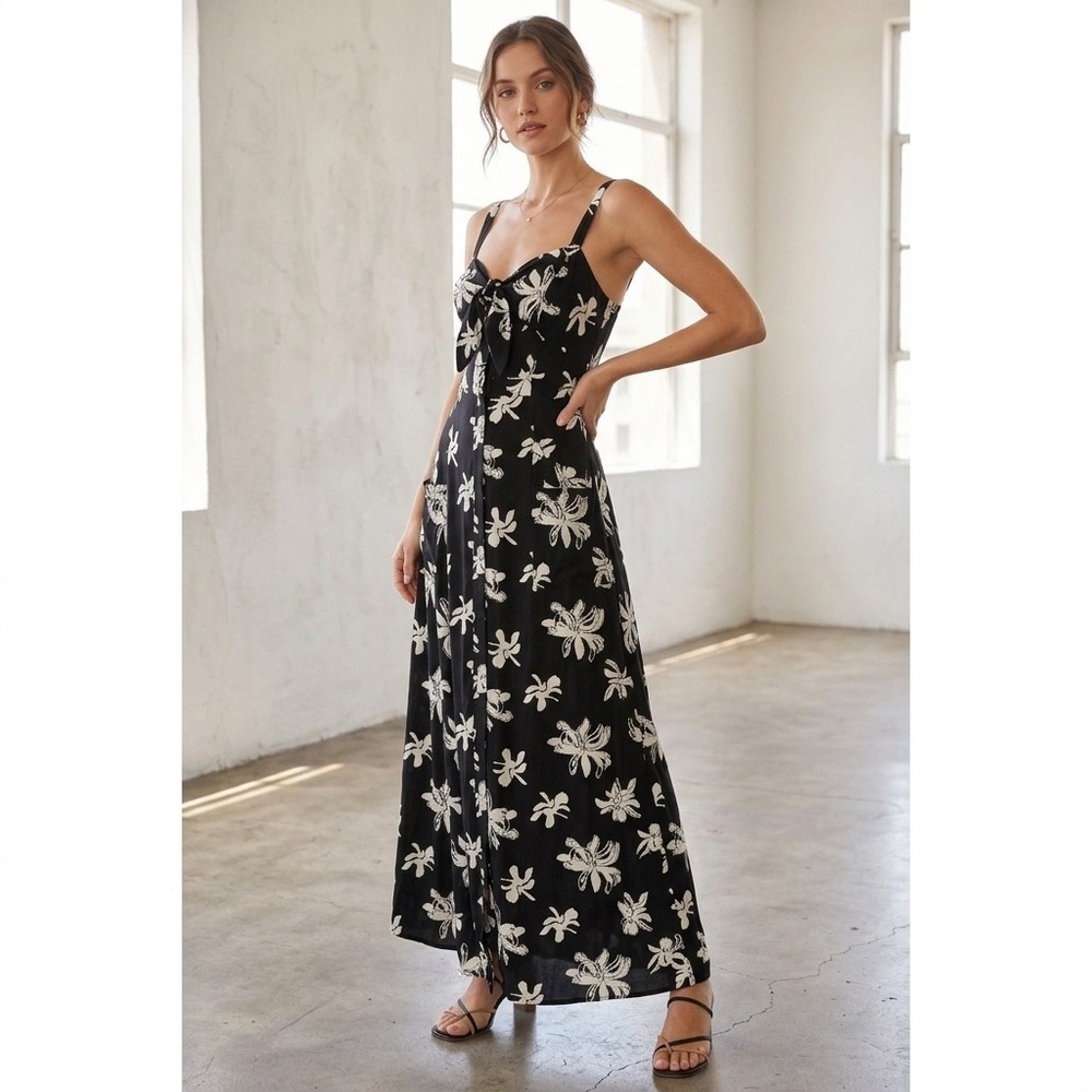 Viva Vena! Womens Black White Floral Tie Front Maxi Dress Size 4 Spaghetti Strap